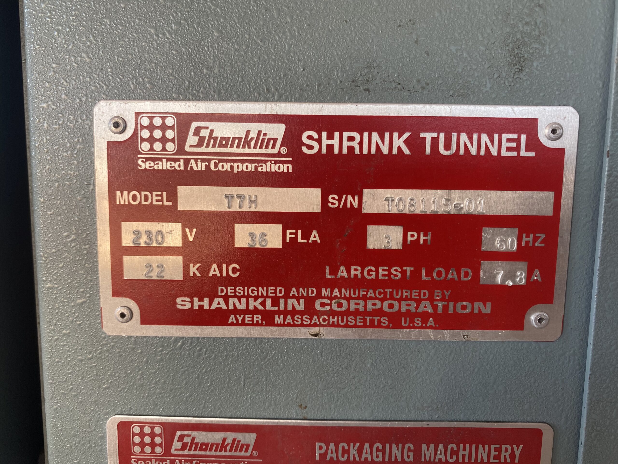Shanklin T7H Shrink Tunnel Nameplate